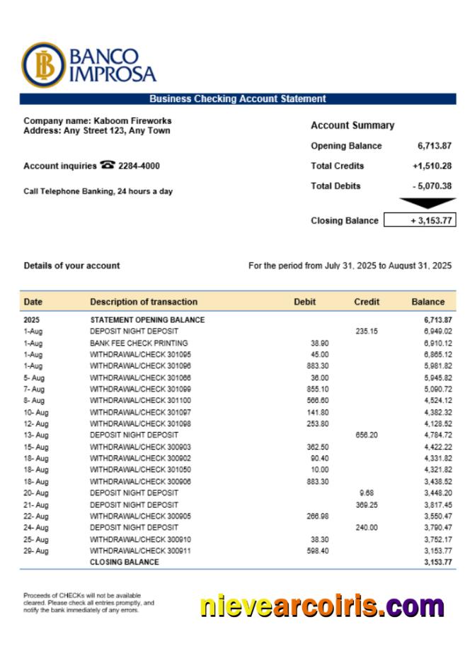 Costa Rican Banco Improsa bank firm account statement